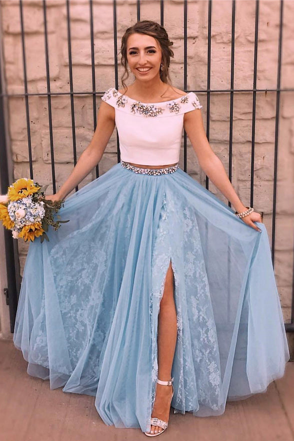 2 Pieces Off the Shoulder Blue Lace Beaded Prom Dresses with Split