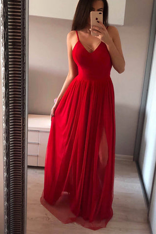 Elegant Spaghetti Straps V Neck Red Split Long Prom Dresses Evening Dress Party Gown