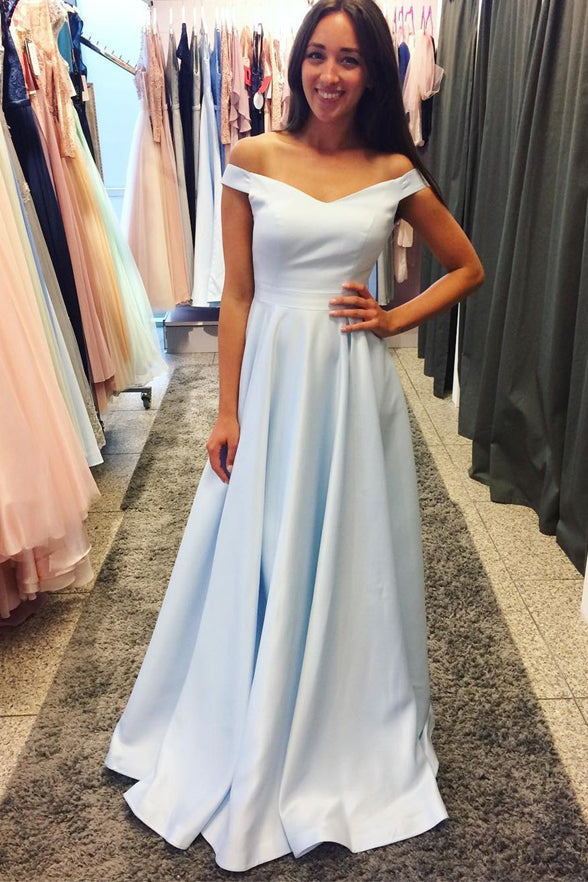 Off the Shoulder Light Blue Satin Long Elegant Prom Dresses Evening Dress Party Gown
