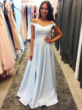 Off the Shoulder Light Blue Satin Long Elegant Prom Dresses Evening Dress Party Gown