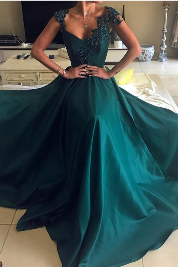 Backless Lace Appliques Dark Green Cap Sleeves Long Prom Dresses Evening Dress Party Gown