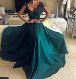 Backless Lace Appliques Dark Green Cap Sleeves Long Prom Dresses Evening Dress Party Gown