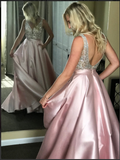 Deep V Neck Open Back Beaded Pink Satin Sexy Prom Dresses Evening Dress Party Gown
