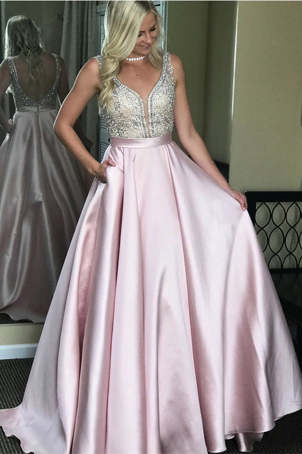 Deep V Neck Open Back Beaded Pink Satin Sexy Prom Dresses Evening Dress Party Gown