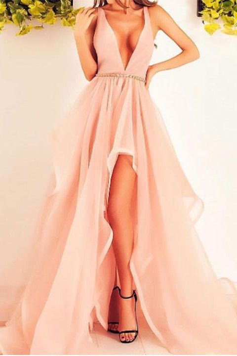 Simple Deep V Neck High Low Pink Long Prom Dresses Evening Graduation Dress Party Gown