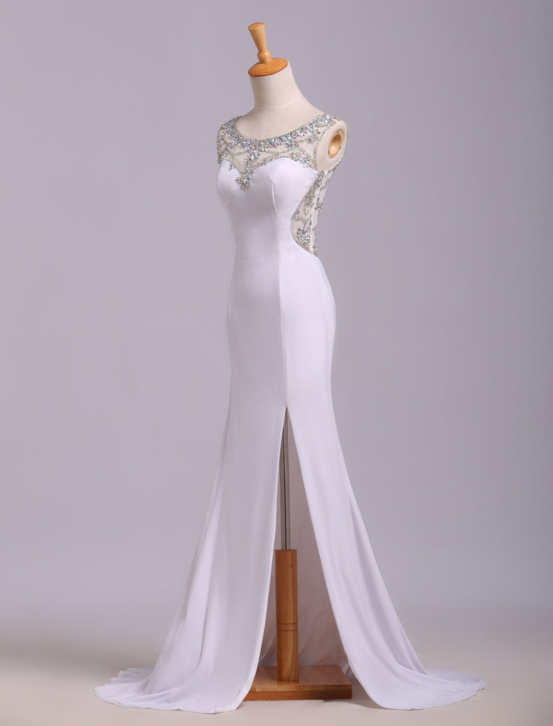 White See Through Back Mermaid Beaded Split Long Prom Dresses Evening Dress Gowns