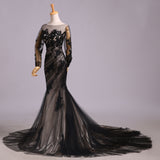 Black Lace Appliques Long Sleeves Mermaid Backless Chic Prom Dresses Evening Dress Gowns