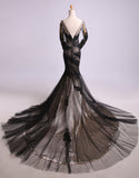 Black Lace Appliques Long Sleeves Mermaid Backless Chic Prom Dresses Evening Dress Gowns