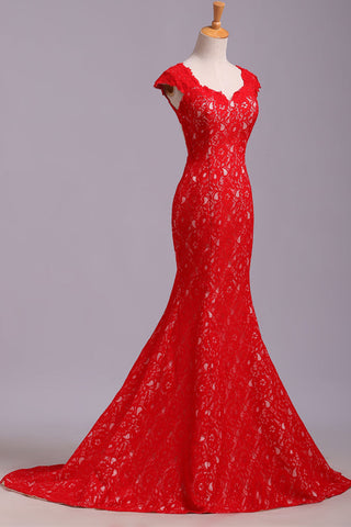 Fashion Open Back Red Lace Mermaid Cap Sleeves Prom Dresses Evening Dress Gowns