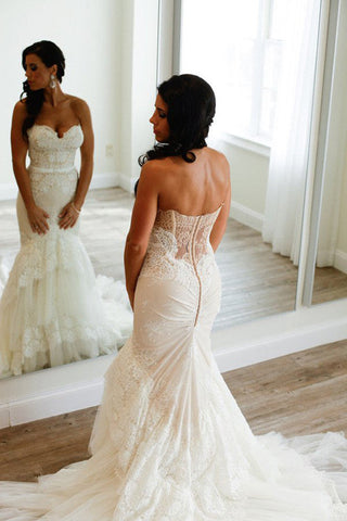 Mermaid Tiered Luxury Sweetheart Ivory Lace Bridal Wedding Dresses