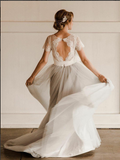 A Line Princess Short Sleeves Open Back Lace Tulle Outside Wedding Dress Bridal Dresses