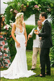 Ivory Lace Mermaid V Neck Open Back Beach Wedding Dress Bridal Dresses