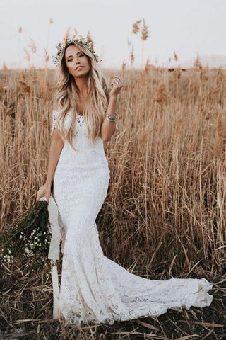 Illusion Neckline Short Sleeves Ivory Lace Mermaid Beach Wedding Dresses Bridal Dress