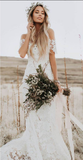 Illusion Neckline Short Sleeves Ivory Lace Mermaid Beach Wedding Dresses Bridal Dress