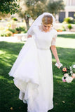 A Line Short Sleeves Lace Outside Wedding Dresses Bridal Dress With Beaed Belt