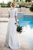 A Line Short Sleeves Lace Outside Wedding Dresses Bridal Dress With Beaed Belt