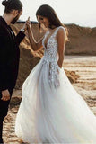 Sexy See Through Ivory Tulle Flowers Deep V Neck Outside Wedding Dresses Bridal Dress