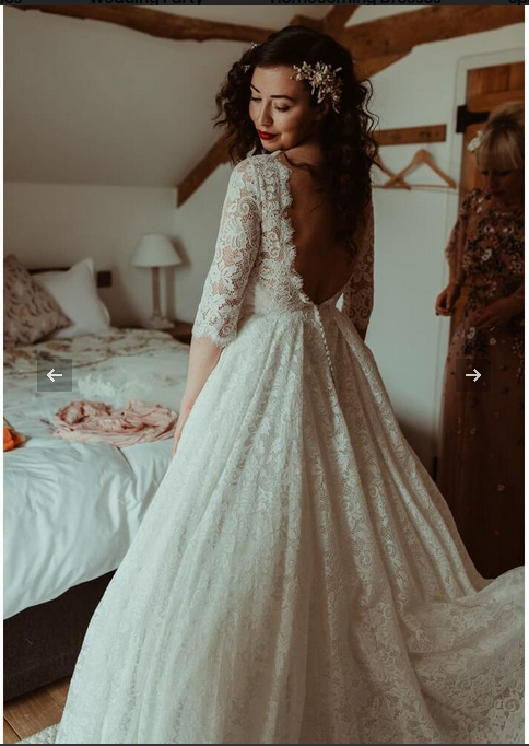 Backless Long Half Sleeves Ivory Lace Princess Outside Wedding Dress Bridal Dresses