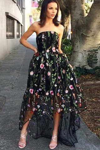 High Low Strapless A Line Black Lace Long Prom Dress Formal Evening Gown Graduation Dresses