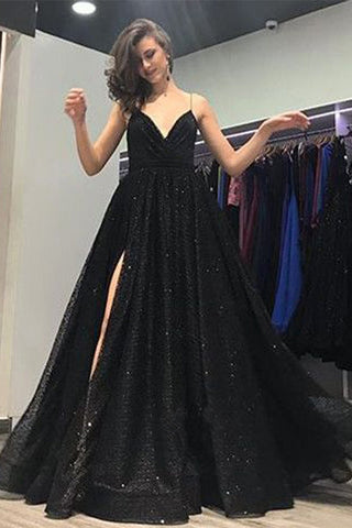 Shiny Backless Black Sequin V Neck Empire Waist Plus Size Prom Dress Evening Gown Dresses