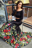 Sexy Two Piece Long Sleeves Black Off the Shoulder Mermaid Printed Prom Dresses Evening Dress