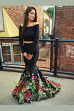 Sexy Two Piece Long Sleeves Black Off the Shoulder Mermaid Printed Prom Dresses Evening Dress