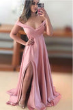 Elegant A Line Off the Shoulder Front Split Blush Pink Long Prom Dresses Evening Dress