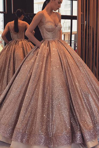 Shiny Sequin Spaghetti Straps Ball Gown Prom Dresses Evening Quinceanera Dress