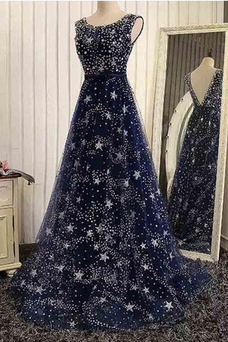 New Arrival Back V Navy Blue Lace A Line Long Cheap Formal Prom Dresses Evening Dress