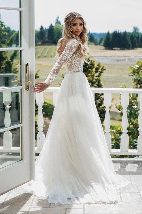 Charming Open Back Long Sleeves Lace Tulle See Through  Wedding Dress Bridal Dresses