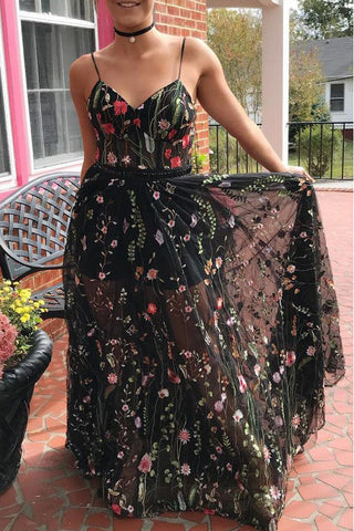 Spaghetti Straps V Neck Black Lace A Line See Through Prom Dress Evening Formal Dresses