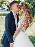 Charming Open Back Long Sleeves Lace Tulle See Through  Wedding Dress Bridal Dresses