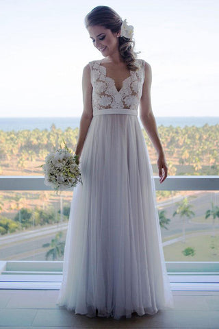 A Line V Neck See Through Lace Tulle Long Wedding Dress Bridal Dresses
