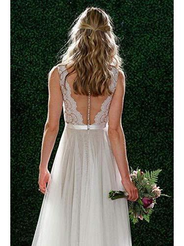 A Line V Neck See Through Lace Tulle Long Wedding Dress Bridal Dresses