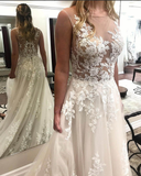 See Through Ivory Lace A Line Princess Chapel Train Wedding Dress Bridal Dresses