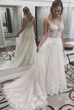 See Through Ivory Lace A Line Princess Chapel Train Wedding Dress Bridal Dresses