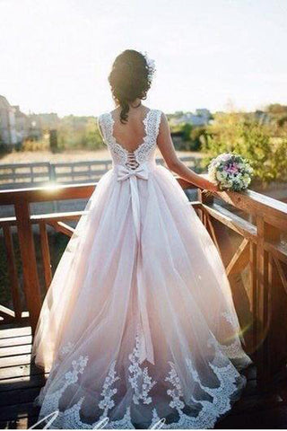 A Line Lace Appliques Backless Chapel Train Wedding Dresses Bridal Dress