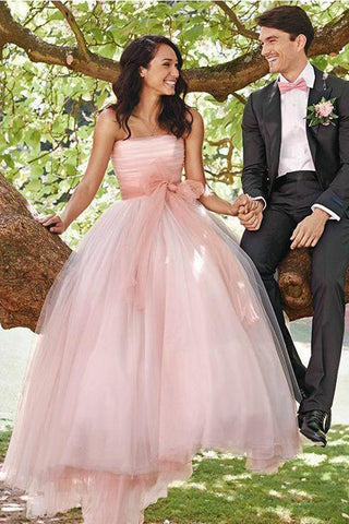 Pink Strapless Neckline A Line Princess Tulle Outside Wedding Dress Bridal Dresses