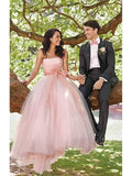 Pink Strapless Neckline A Line Princess Tulle Outside Wedding Dress Bridal Dresses