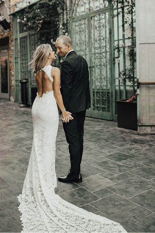 Sexy Open Back High Neck Split Ivory Lace Mermaid Beach Wedding Dresses Bridal Dress