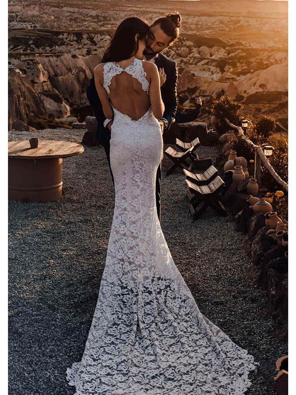 Sexy Open Back High Neck Split Ivory Lace Mermaid Beach Wedding Dresses Bridal Dress