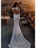 Sexy Open Back High Neck Split Ivory Lace Mermaid Beach Wedding Dresses Bridal Dress