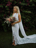 Sexy Open Back High Neck Split Ivory Lace Mermaid Beach Wedding Dresses Bridal Dress