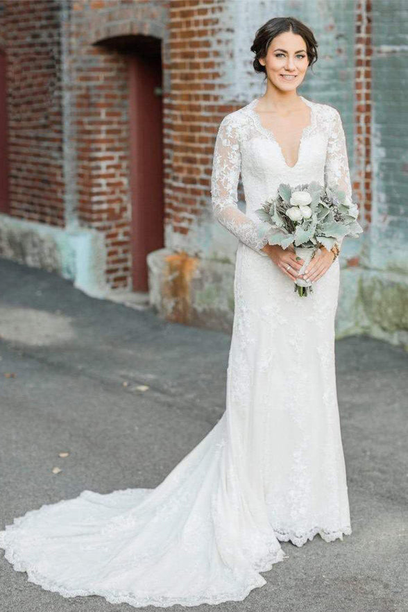 Long Sleeves Ivory Lace V Neck See Through Back Sheath Wedding Dresses Bridal Dress