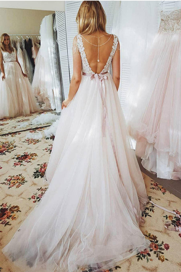 A Line Lace Open Back Princess Tulle Chapel Train Long Wedding Dress Bridal Dresses