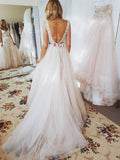A Line Lace Open Back Princess Tulle Chapel Train Long Wedding Dress Bridal Dresses