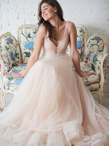 Elegant A Line Flesh Pink Tulle Spaghetti Straps V Neck Wedding Dresses Bridal Dress