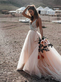 Chic A Line Backless Spaghetti Straps V Neck Beaded Wedding Dress Bridal Dresses