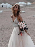 Chic A Line Backless Spaghetti Straps V Neck Beaded Wedding Dress Bridal Dresses
