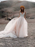 Chic A Line Backless Spaghetti Straps V Neck Beaded Wedding Dress Bridal Dresses